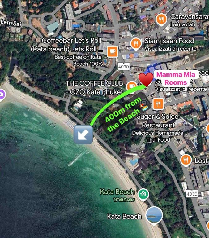 a map of a beach with different places on it at Mamma Mia Rooms in Kata Beach