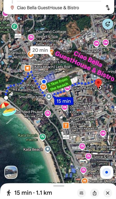 a map of a city with buildings and roads at Ciao Bella GuestHouse & Bistro in Kata Beach