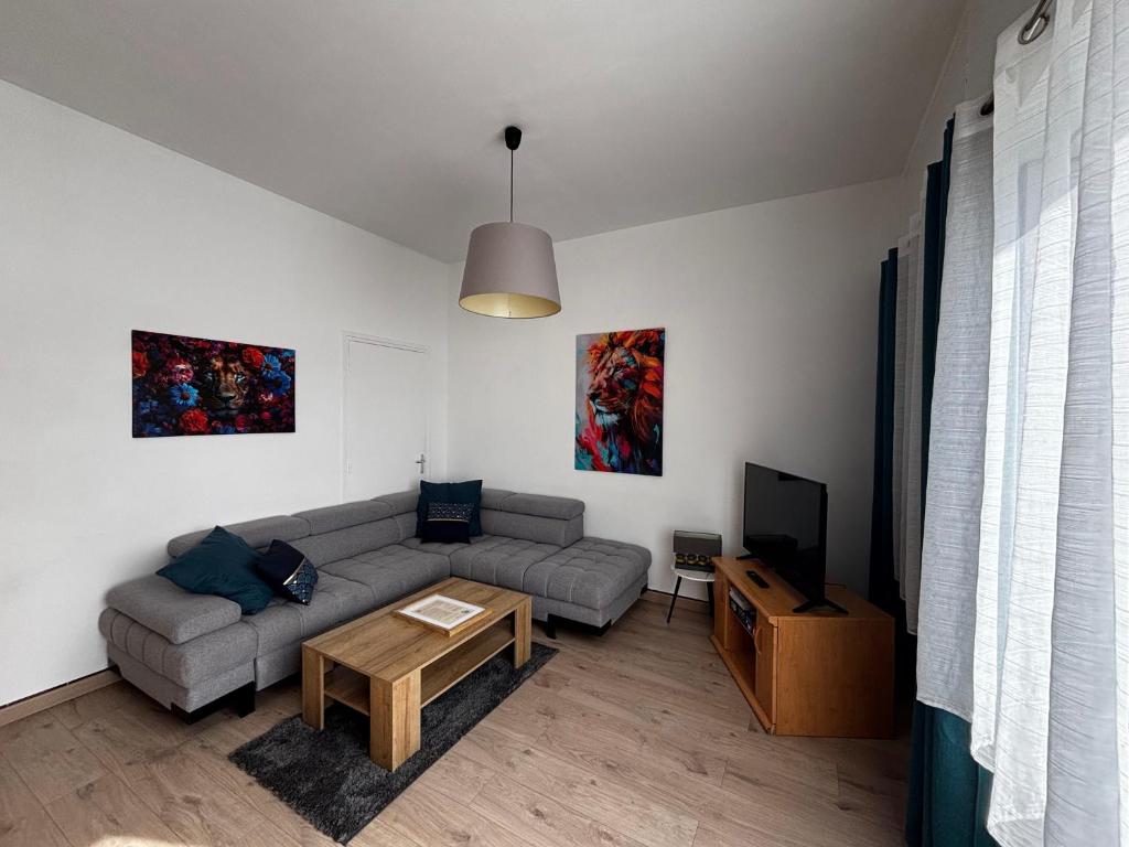 a living room with a couch and a tv at Le Cottage Malouin in Dunkerque