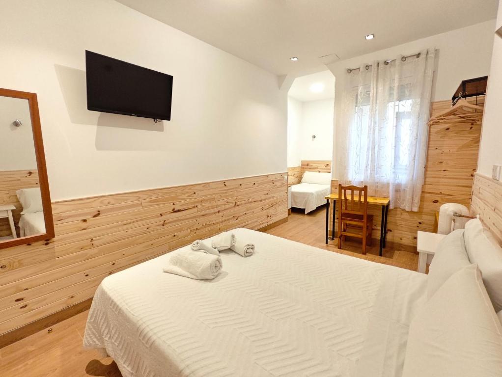 a bedroom with a bed and a tv on the wall at Hostal Aliste in Madrid