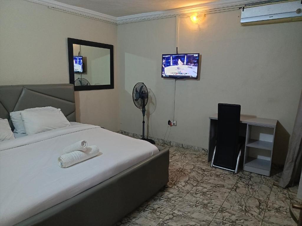 イバダンにあるBudget one bedroom apartmentのベッドと壁にテレビが掛かった寝室