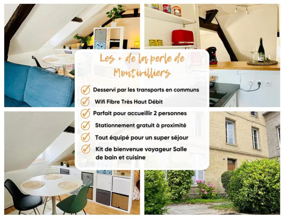 un collage de photos d'une pièce avec une table et des chaises dans l'établissement Dalikyda - La Perle de Montivilliers, à Montivilliers