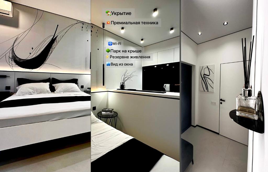 dwa zdjęcia sypialni z łóżkiem i kuchnią w obiekcie ЖК Atmosfera с парком на крыше в Аркадии w Odessie