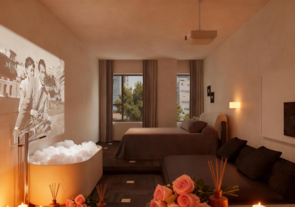 sala de estar con cama y bañera en Jianye Yisu · Private Hot Spring · Aether Designer Retreat (Datong Ancient City Huayan Temple), en Datong