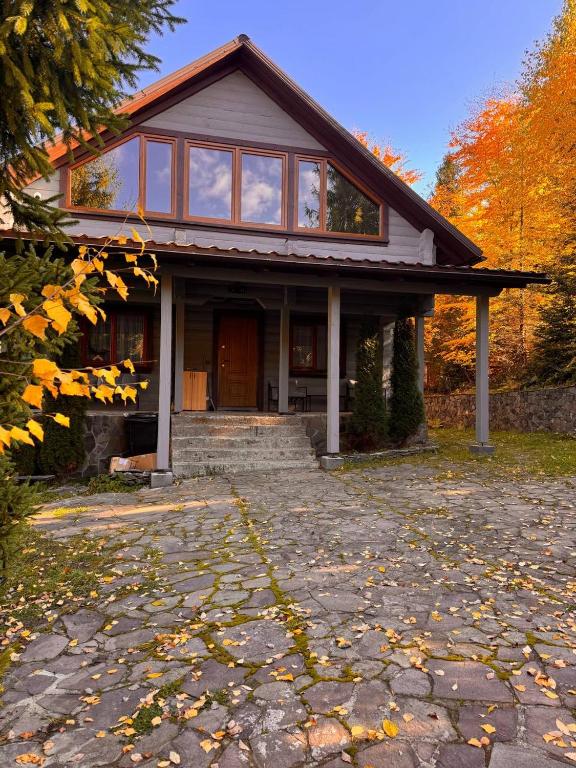 a house with a stone driveway in front of it at Gray House in Pilipets