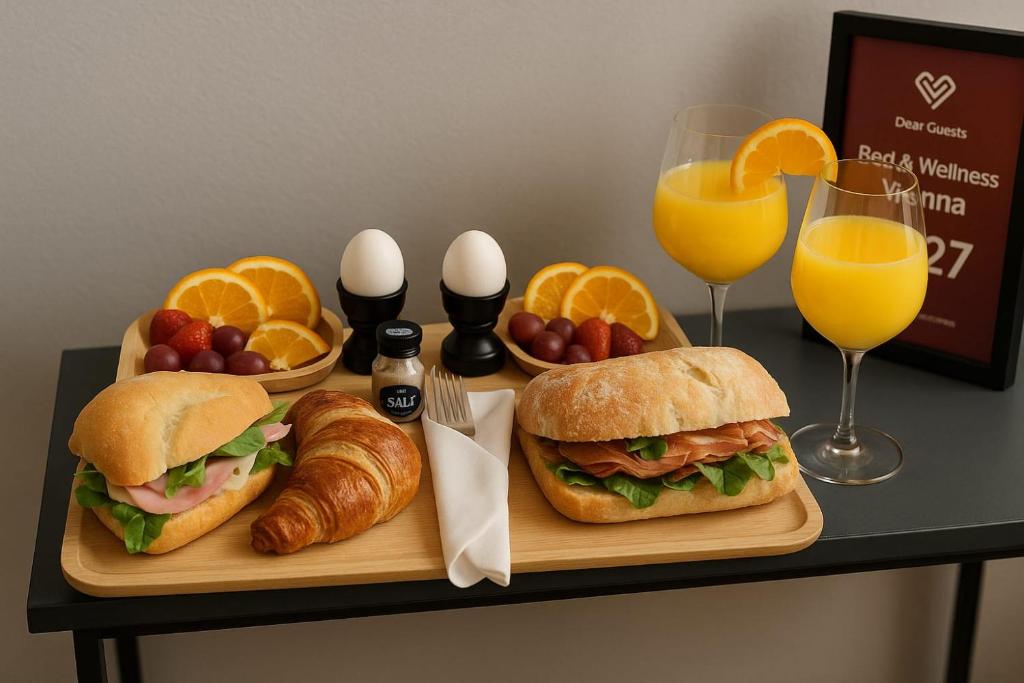 a tray with two sandwiches and croissants and glasses of orange juice at Bed & Wellness Malina deluxe in Lelystad