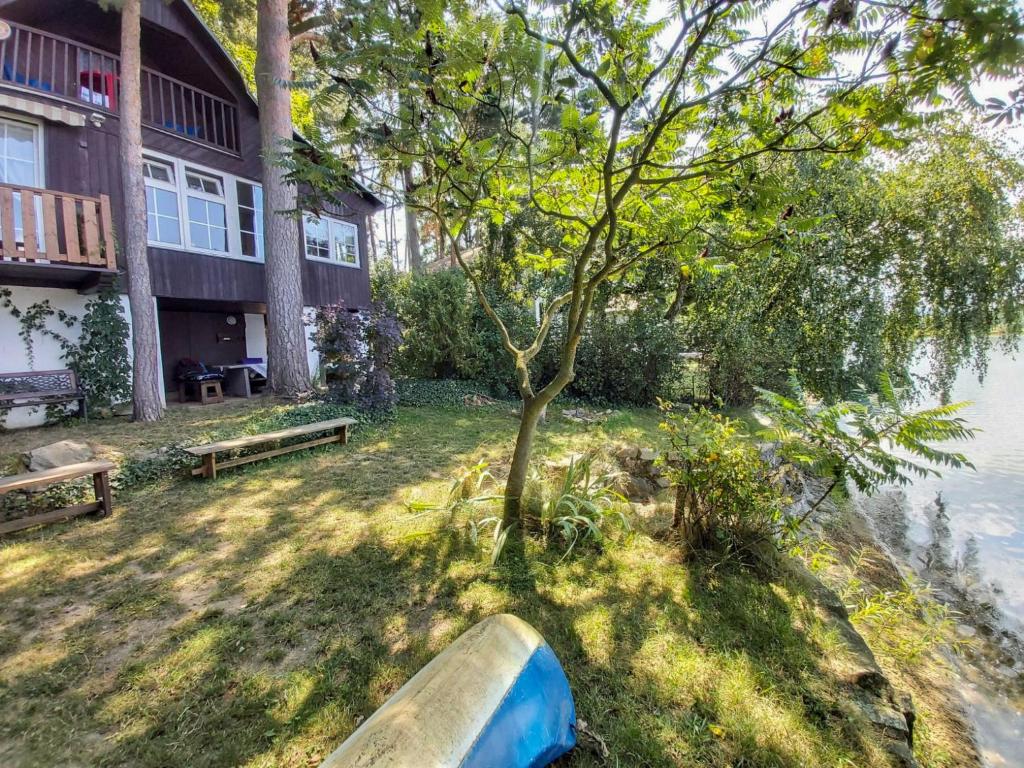 une maison avec un arbre et un bateau dans la cour dans l'établissement Holiday Home Pondside Retreat & Canoe by Interhome, à Holubovská Bašta
