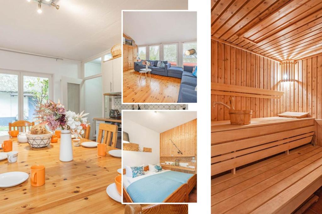 a collage of photos of a living room and a dining room at Ferienanlage am Gothensee 25 Rad Kapitän in Bansin