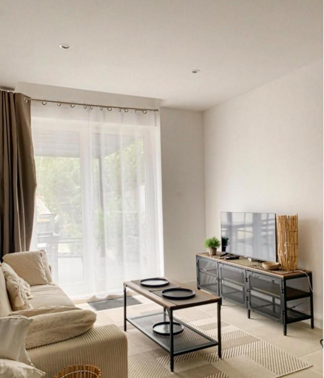 a living room with a couch and a table at Appartement cosy avec terrasse Canet-en-Roussillon in Canet-en-Roussillon