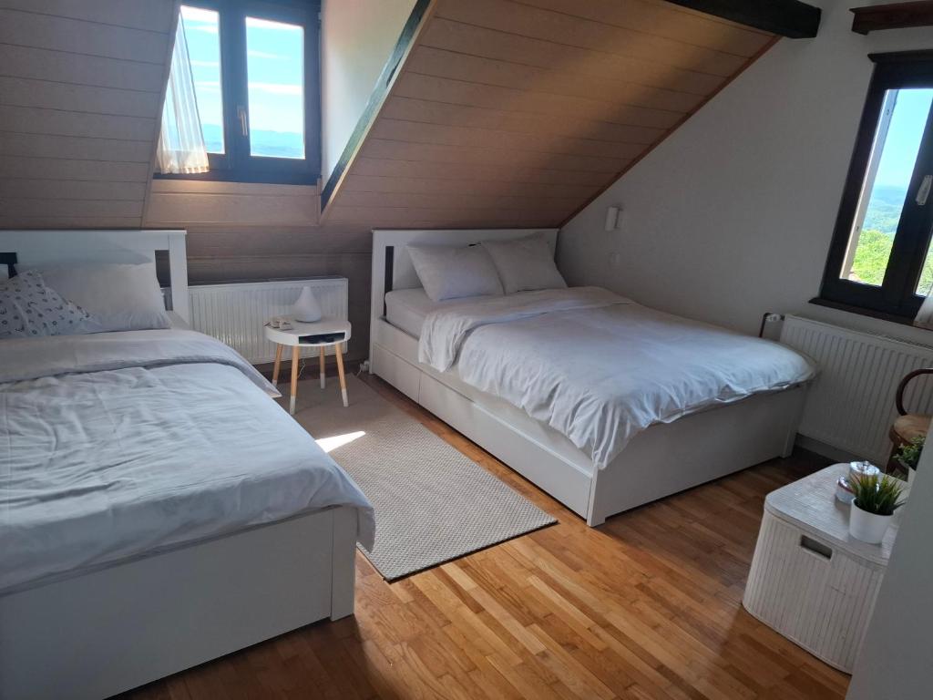two beds in a room with two windows at Kuća za odmor HORVAT 
