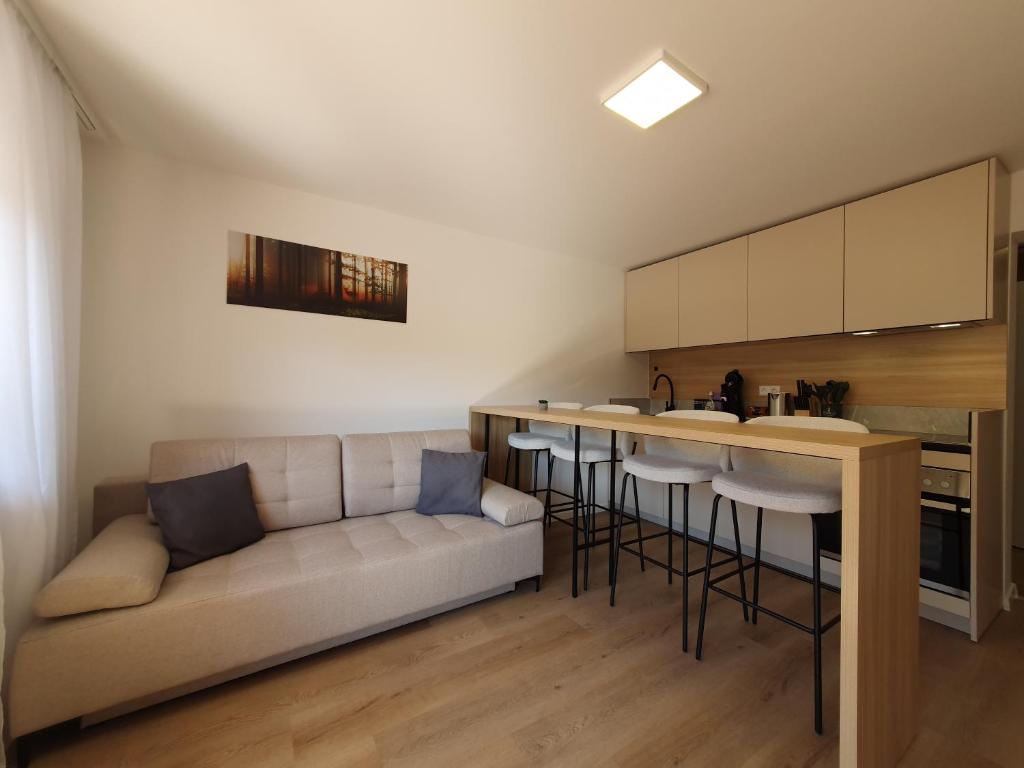 a living room with a couch and a kitchen at Zartenbach Suite Two in Hinterzarten