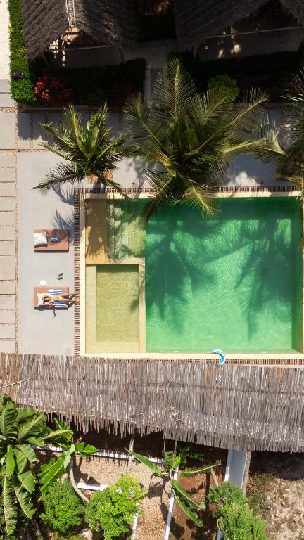 an overhead view of a swimming pool with palm trees at Uhuru Hotel & Restaurant in Nungwi