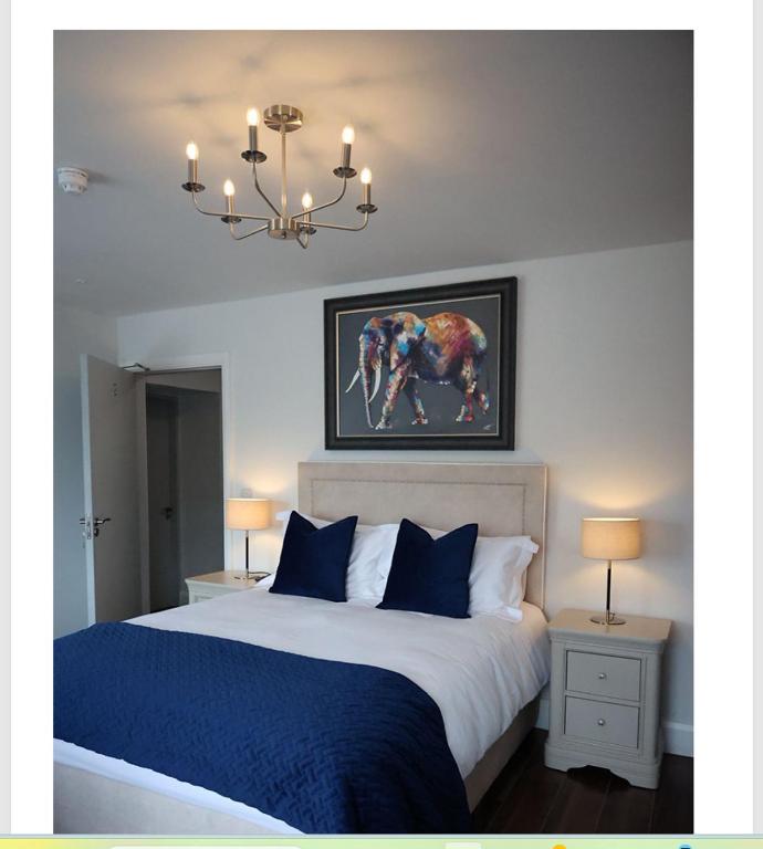 a bedroom with a large bed and a chandelier at Auld Shebeen in Moate