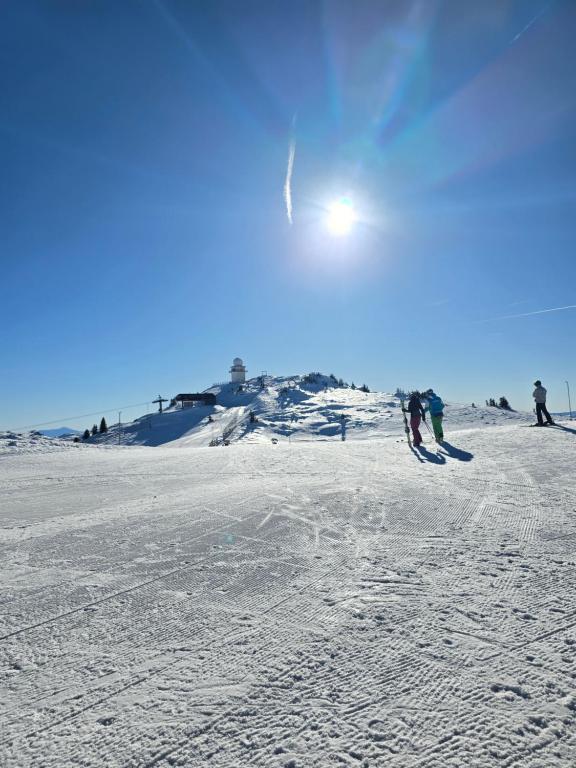 Un grupo de personas esquiando por una pendiente cubierta de nieve en Ljupki studio apartman sa kaminom, en Jahorina