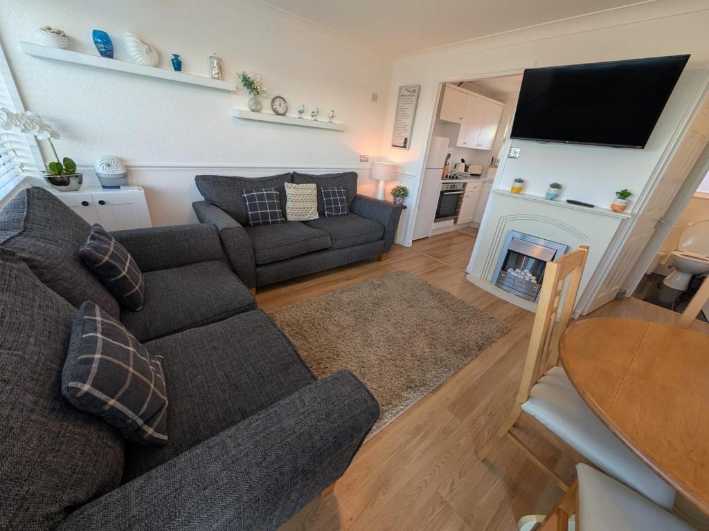 a living room with a couch and a fireplace at Chalet 145, Hemsby - Two bed chalet, sleeps 5, pet friendly, bed linen and towels included and close to beach! in Great Yarmouth