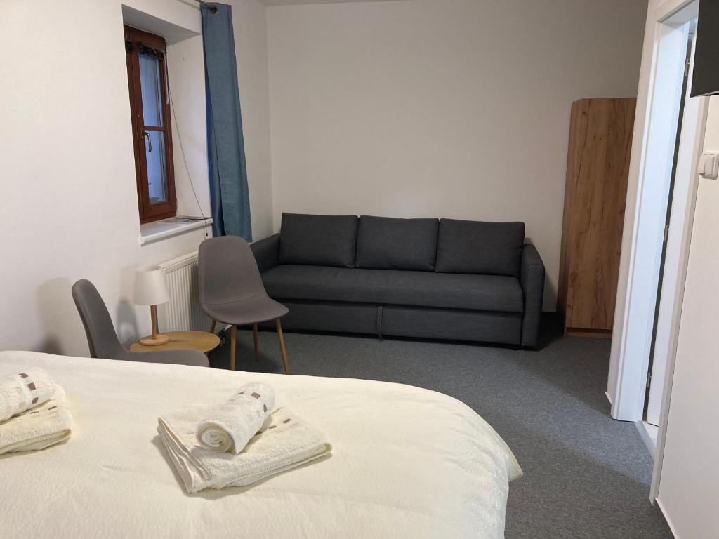 un salon avec un lit et un canapé dans l'établissement Sport apartmán 2117, à Lipno nad Vltavou