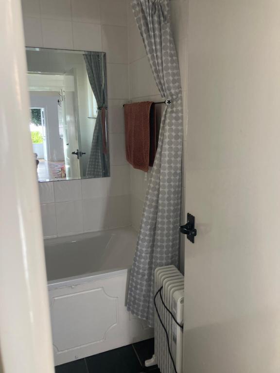 y baño con bañera y cortina de ducha. en Riverside country cottage, en Newhaven