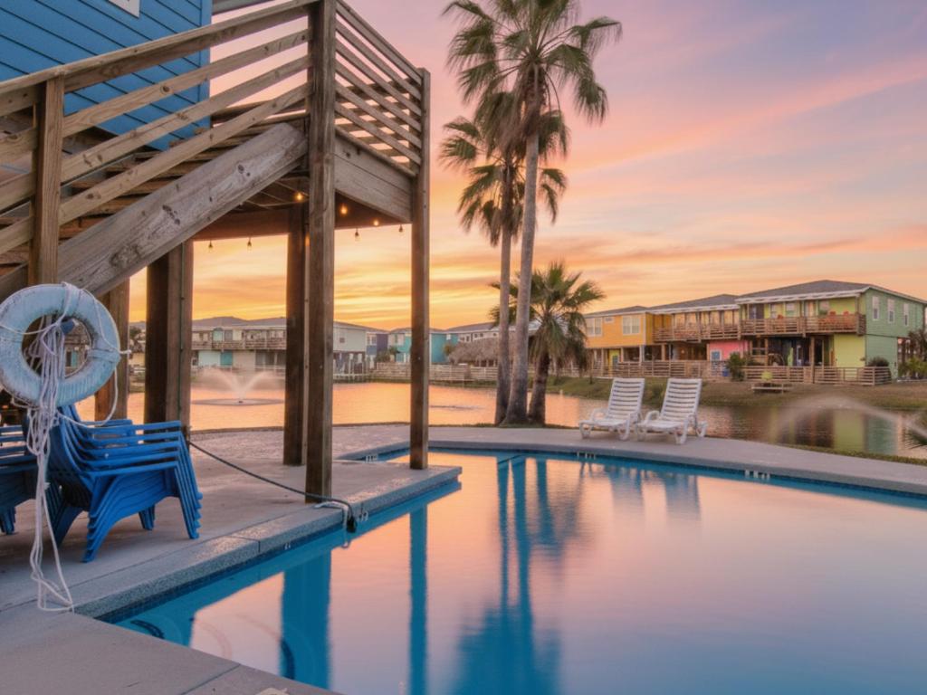 Una piscina con una silla azul y palmeras. en At Last, en Port Aransas