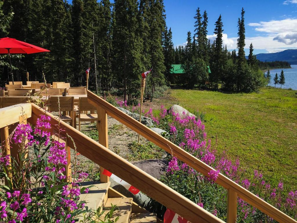 uma escada de madeira com flores roxas ao lado de um lago em Southern Lakes Resort em Tagish