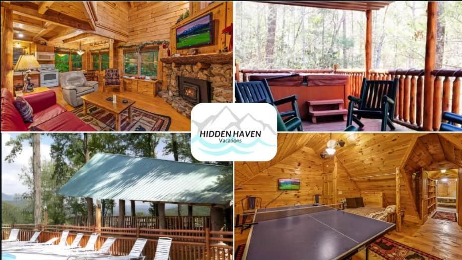a collage of photos of a log cabin at In the Pines. Great location. Privacy in Hornet