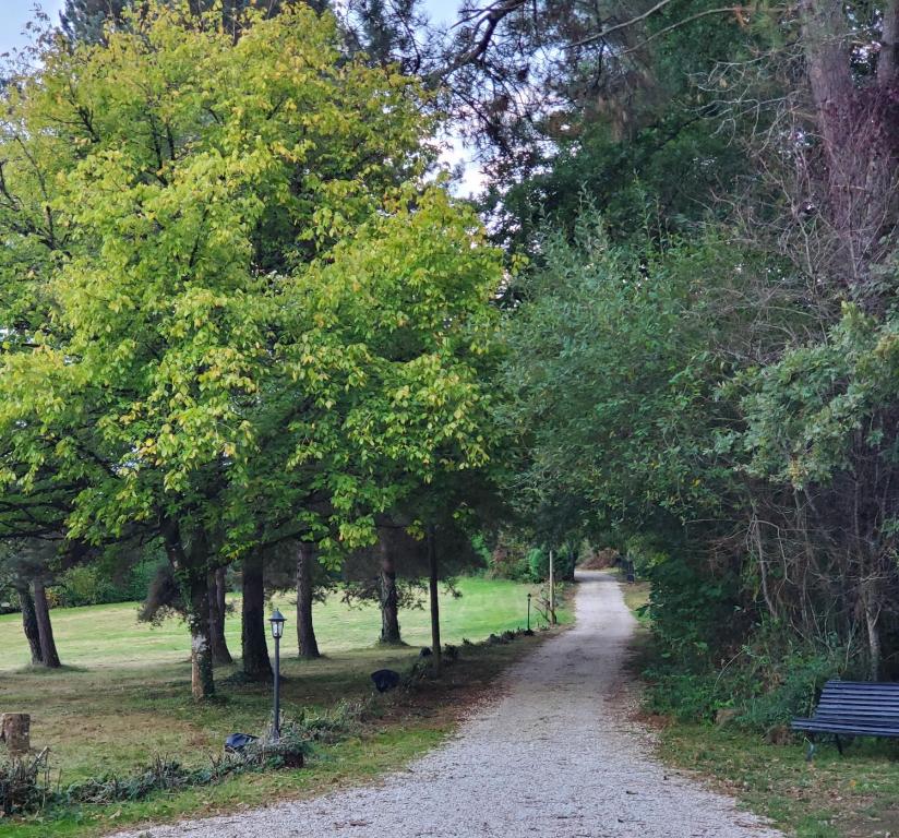 a path in a park with a bench and trees at Les Cabanes de Rouffignac in Rouffignac Saint-Cernin