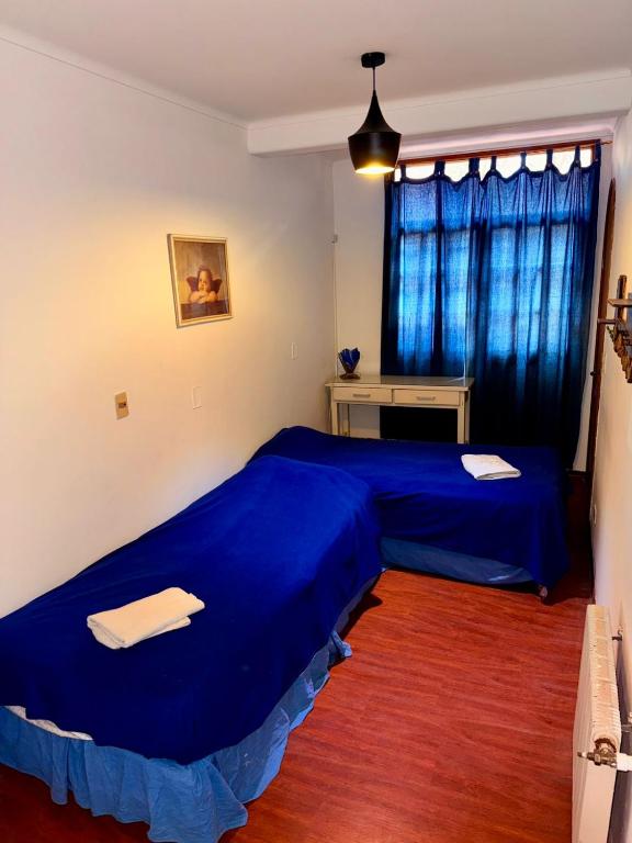 a bedroom with a blue bed and a window at Martín Zapata 355 in Mendoza