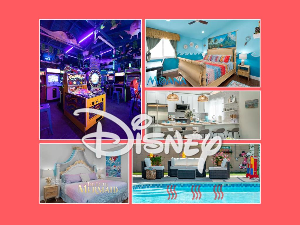 a collage of photos of a bedroom and a living room at Underwater Voyage: Heated Pool, Arcade, more! in Garden Grove