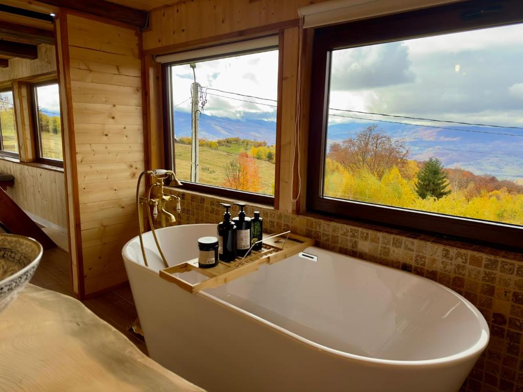 a bath tub in a room with two windows at Cabana Mia Parang in Petroşani