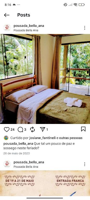 a poster of a bedroom with a bed and a window at Chalés Isa e Ana in Itatiaia