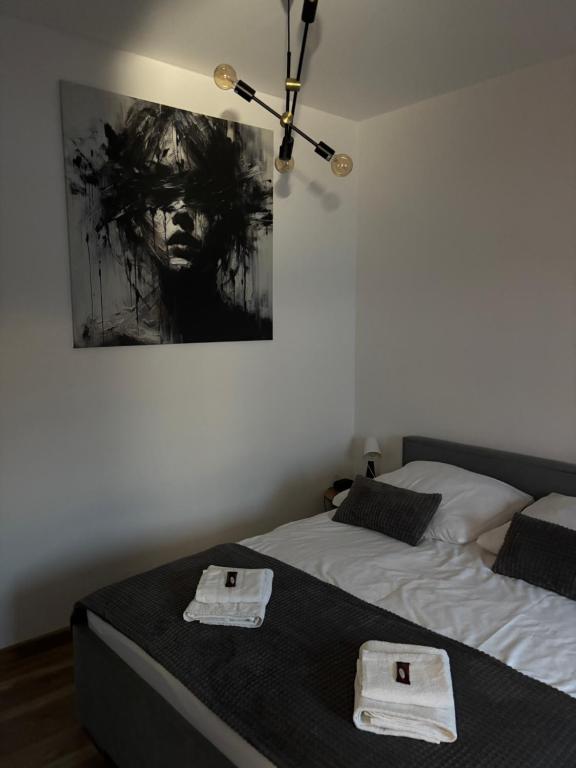 a bedroom with two beds and a painting on the wall at Apartamenty Łuczkowskiego z widokiem na Studnię 2 in Chełm