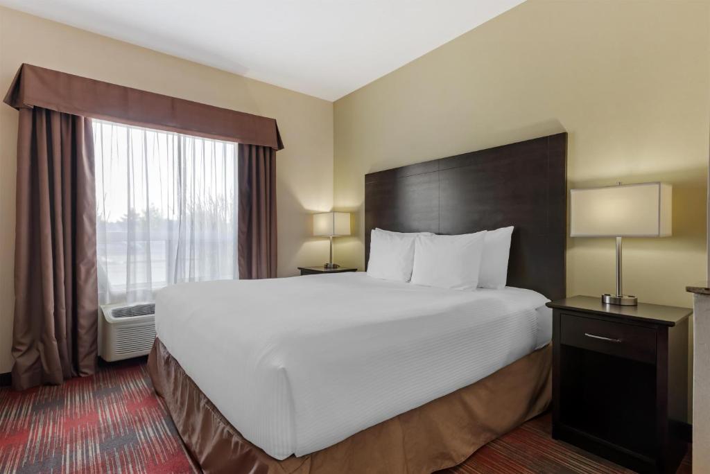 a large white bed in a hotel room with a window at Best Western Plus Red Deer Inn & Suite in Red Deer