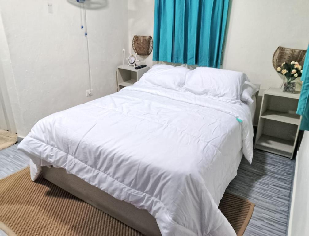 ボカ・チカにあるHabitacion cerca de la Playaのベッドルーム(青いカーテン付きの白い大型ベッド1台付)