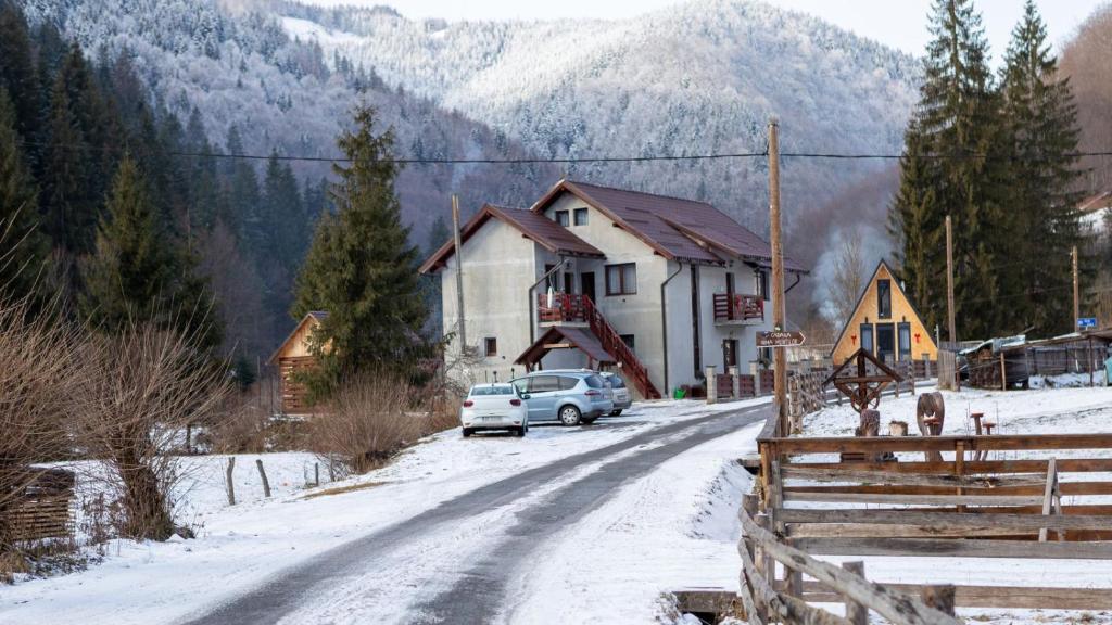 a car driving down a snow covered road with a house at Cabana Acasă la Delia in Gîrda de Sus