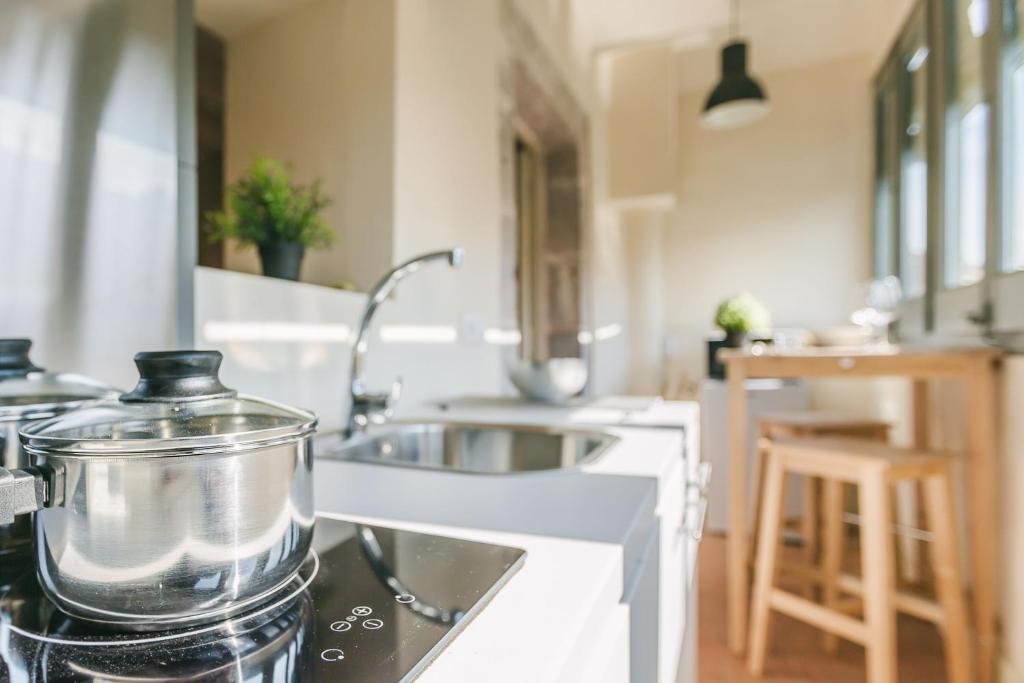 a kitchen with a counter with a mixer on the stove at Flateli Ballesteries in Girona