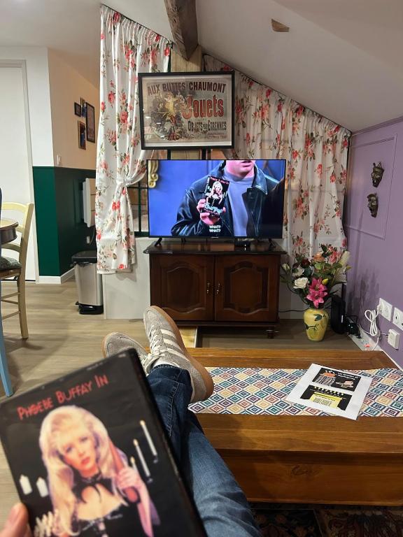 a person sitting in a living room watching a tv at Chez Monica in Hayange