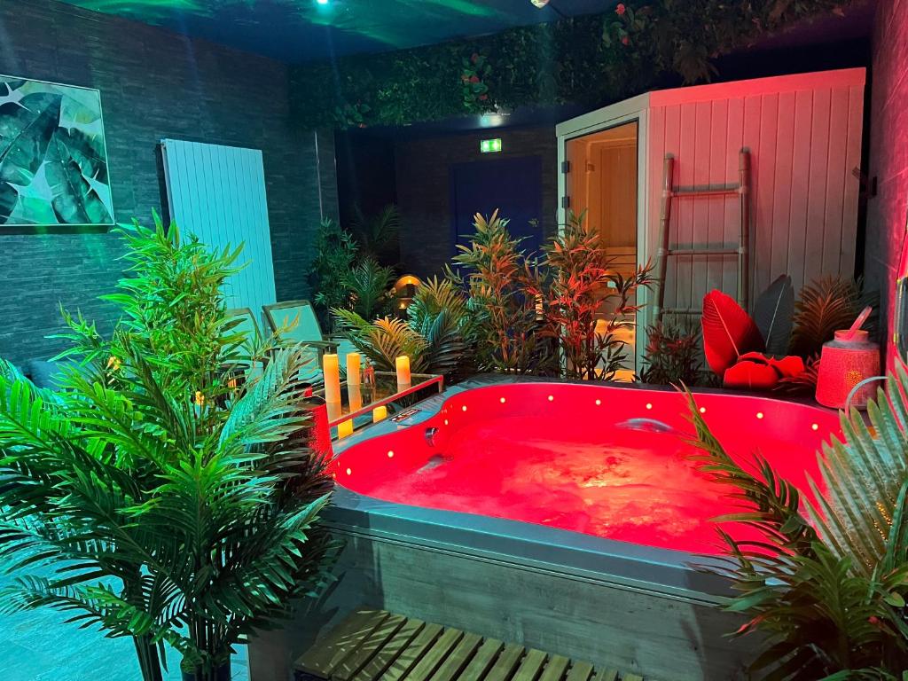 a large red tub in a garden with plants at Hôtel & Spa Le Gambetta, Bergerac, Centre ville in Bergerac