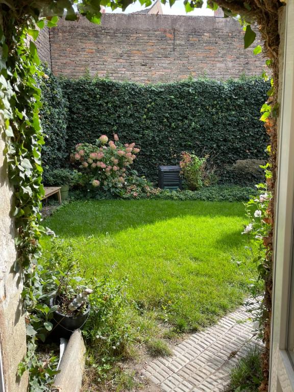 SouffelweyersheimにあるDépendance aménagée Cocon contemporain pour deux près de Strasbourgの庭の緑の草と花のあるアーチ道