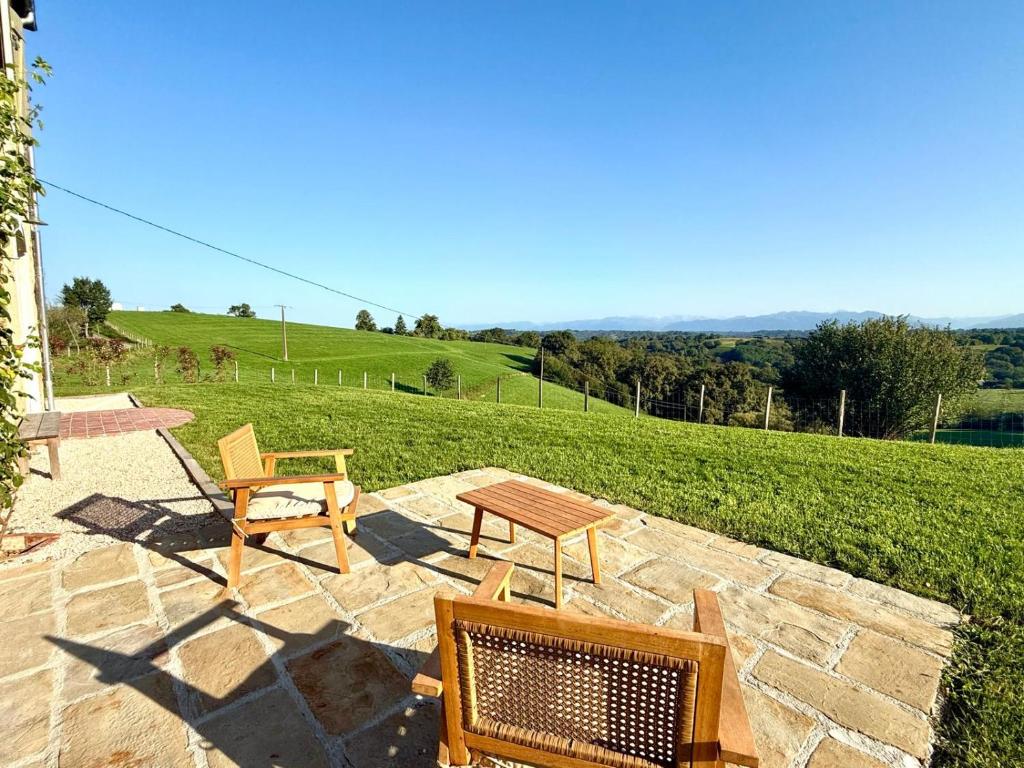 莫南Maison Ganibette, corps de ferme rénové的天井配有两把椅子和一张野餐桌