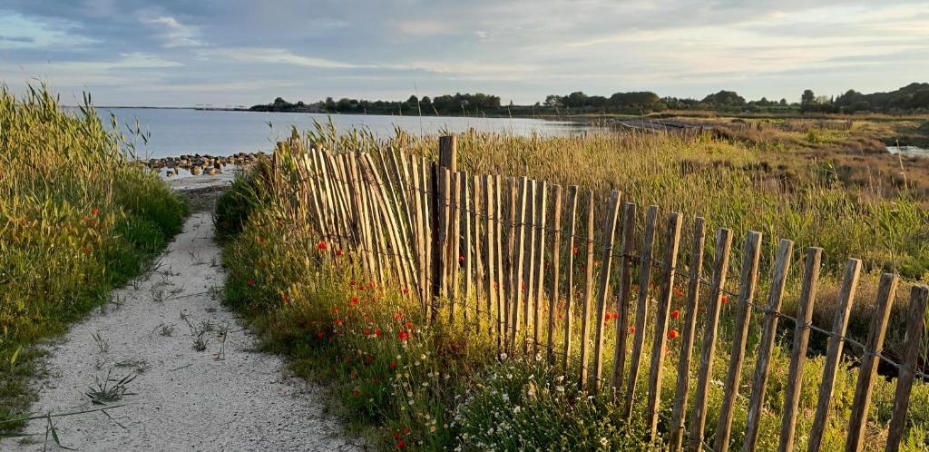 a fence on the side of a beach near the water at Ground floor apartment in center in Mèze