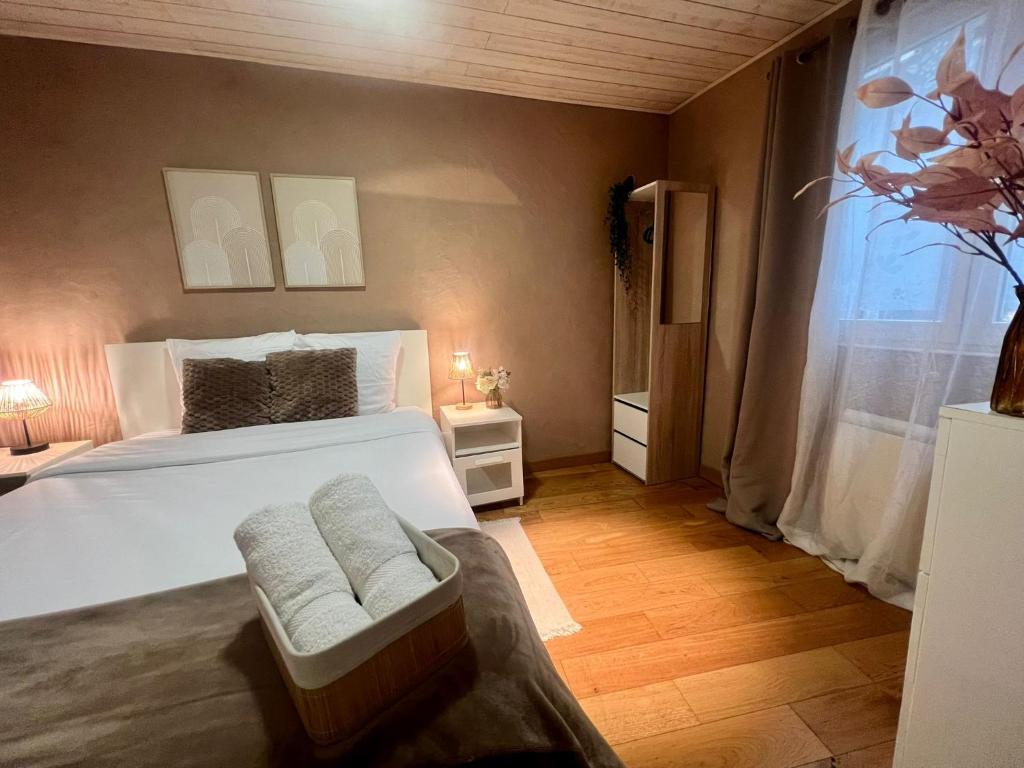 Un dormitorio con una cama blanca y una ventana. en The Chalet - in the heart of Metz, en Metz