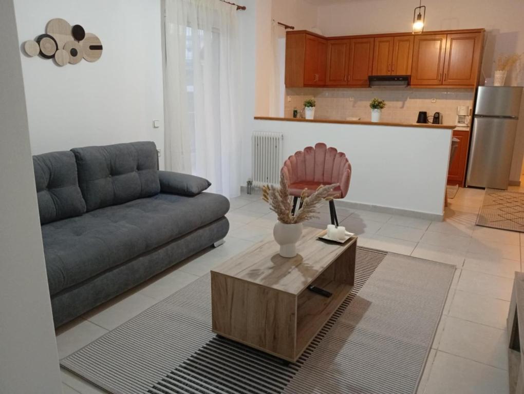 a living room with a couch and a coffee table at Misty Place in Ioannina