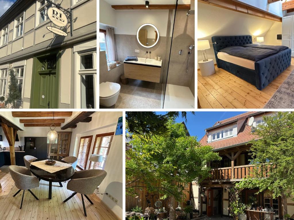 a collage of four pictures of a house at RitterLiving Ferienapartment am Markt in Tangermünde