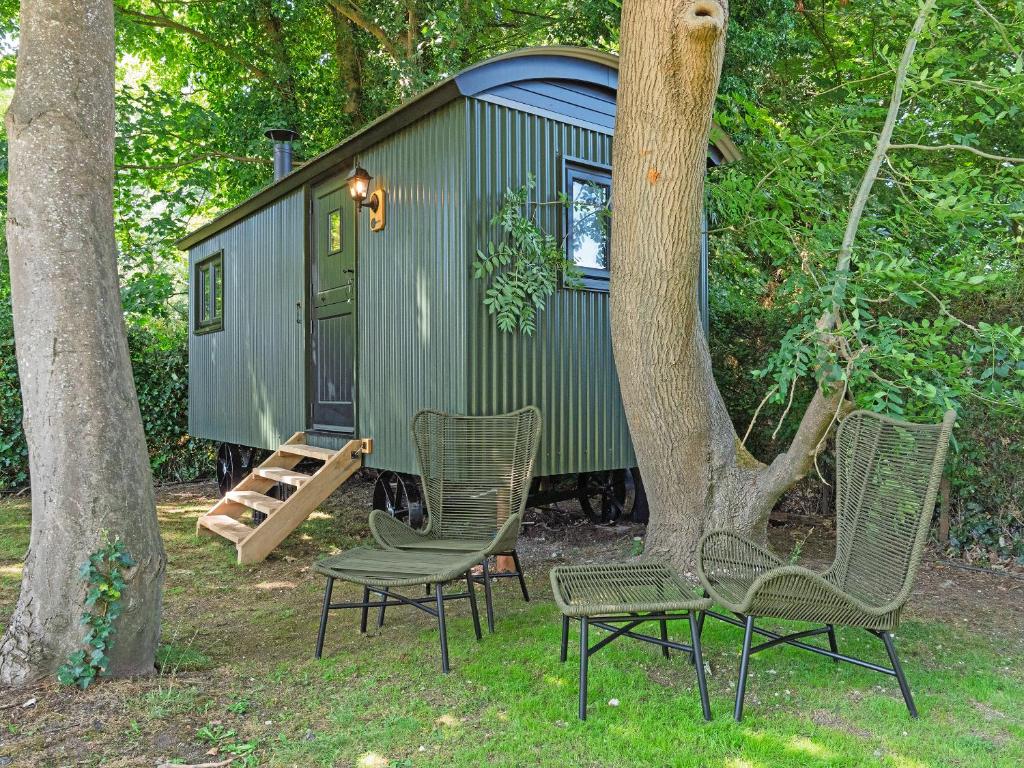a green tiny house with chairs and a tree at Rose Hut Hideaway - Uk50233 in Banstead