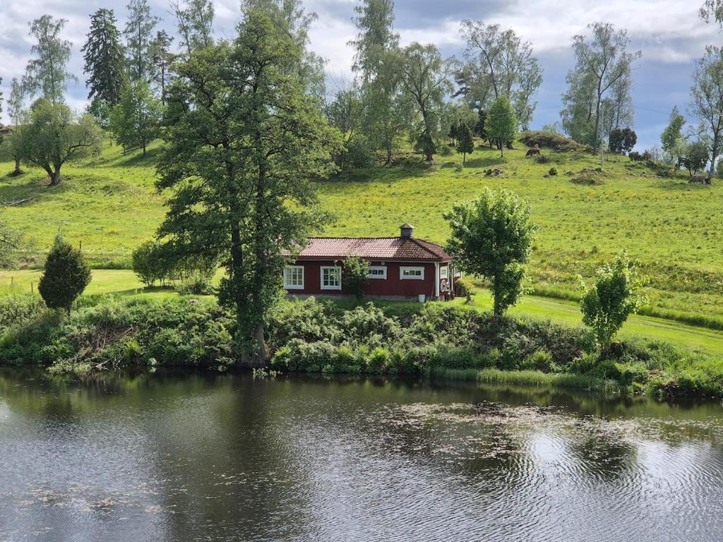a house on a hill next to a lake at The old henhouse in Tenhult