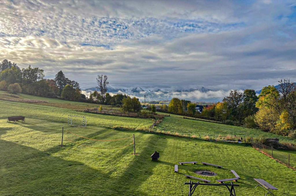 a field with a picnic table in the middle of it at Willa Leśny Potok in Poronin