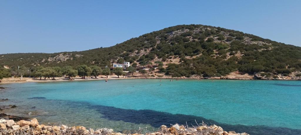 a view of a beach with a hill in the background at Vicky's House Lipsi in Lipsoi