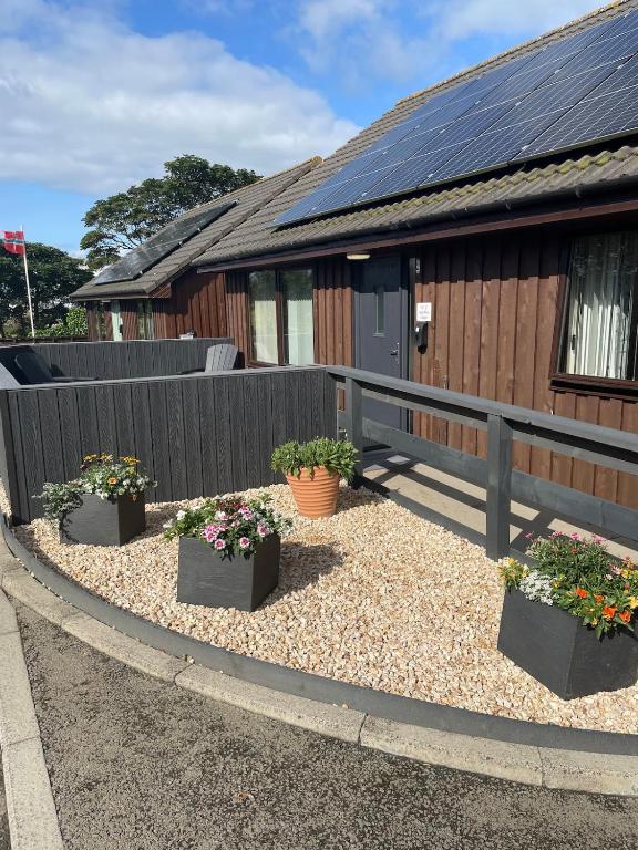 a house with three potted plants in front of it at No 2 High Park Lodges in Orkney