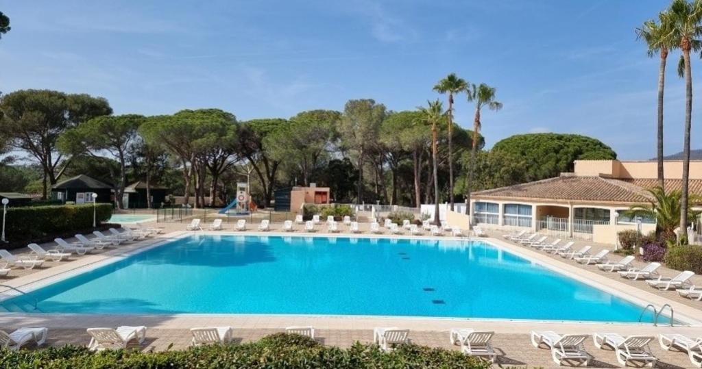 圣拉斐尔Chez K&D by Hervé的一个配有椅子和棕榈树的大型游泳池