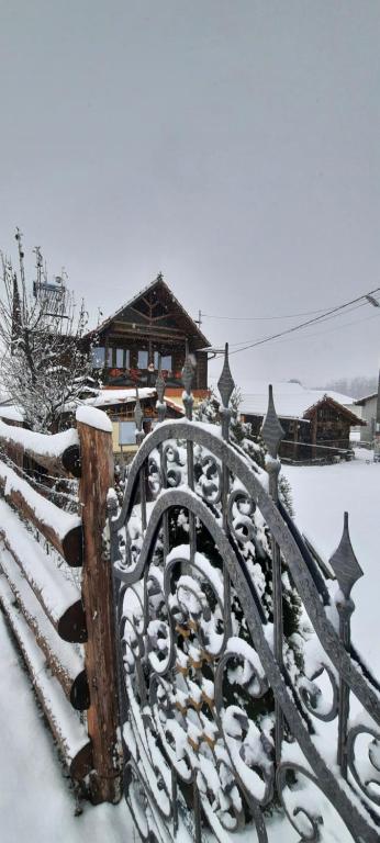 una recinzione coperta di neve davanti a una casa di Cabana Ollie Retezat a Rîu Bărbat