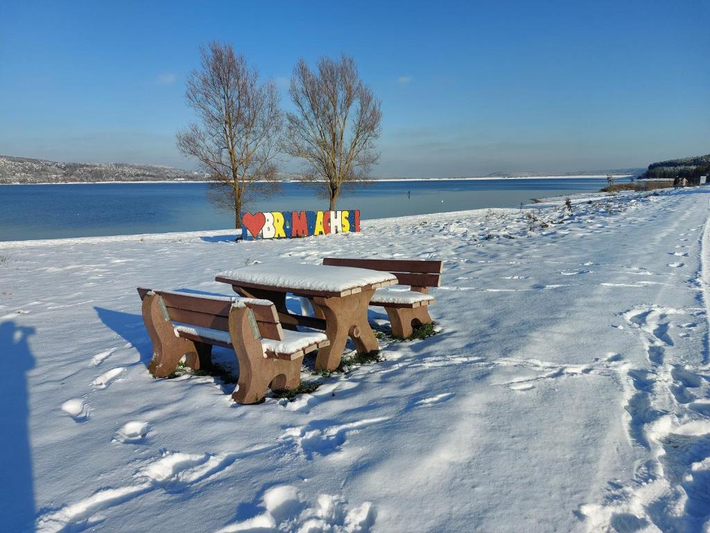 a row of benches in the snow next to the water at Fewo Erdgeschoss Ankerplatz mit Sauna direkt am Brombachsee bei Juliane und Klaus in Ramsberg